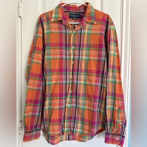Ralph Lauren Men's Custom Fit L/S Button Shirt Orange/Pink/Green Plaid • Large - Picture 1 of 4